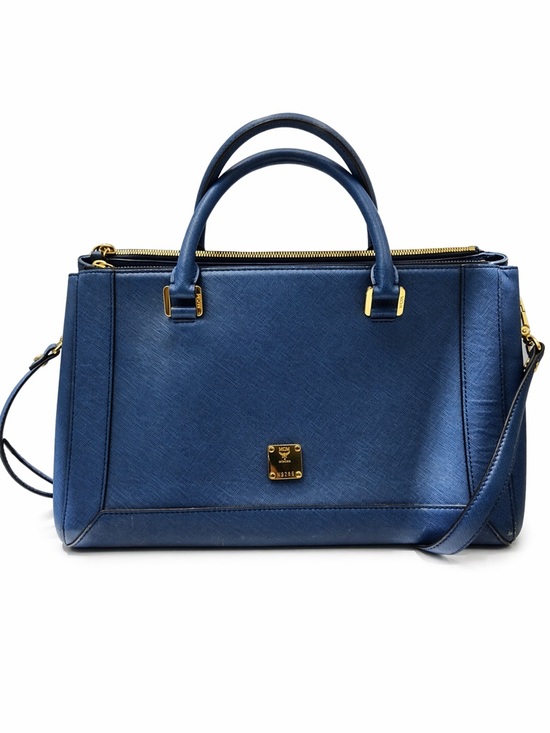 MCM Handbags - MCM Blue Leather Structured Top-Handle Satchel with Gold Hardware